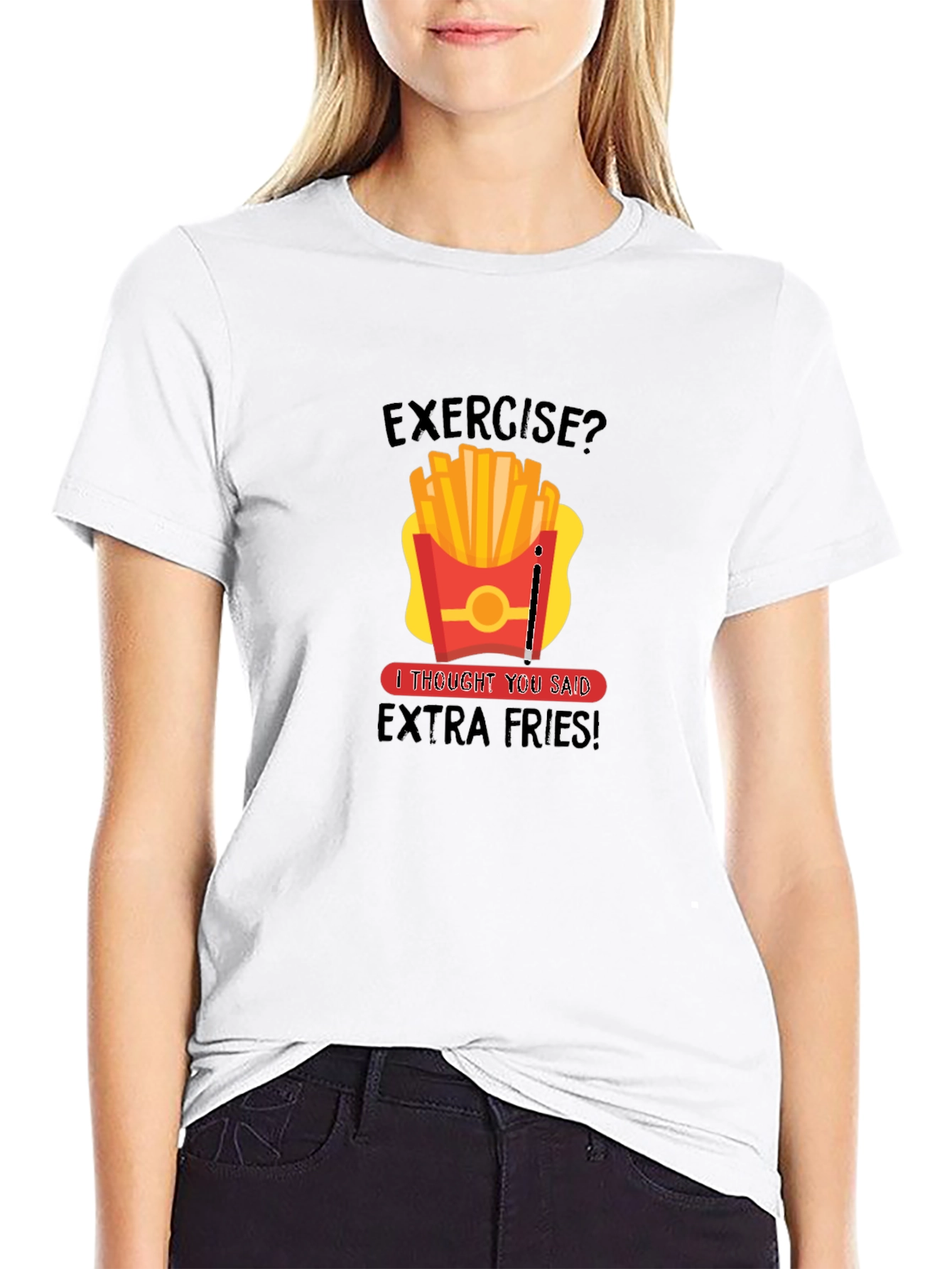 Black Funny Exercise Extra Fries Graphic T-Shirt view 9