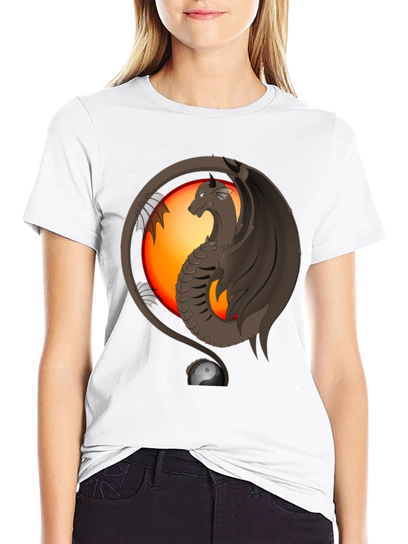 Black Dragon Yin Yang Graphic Print T-Shirt view 9
