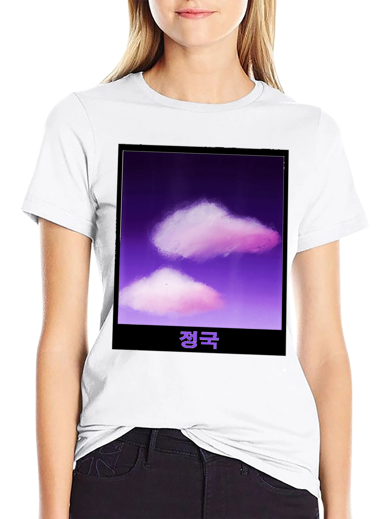 Black Purple Clouds Korean Text Black Tee view 9