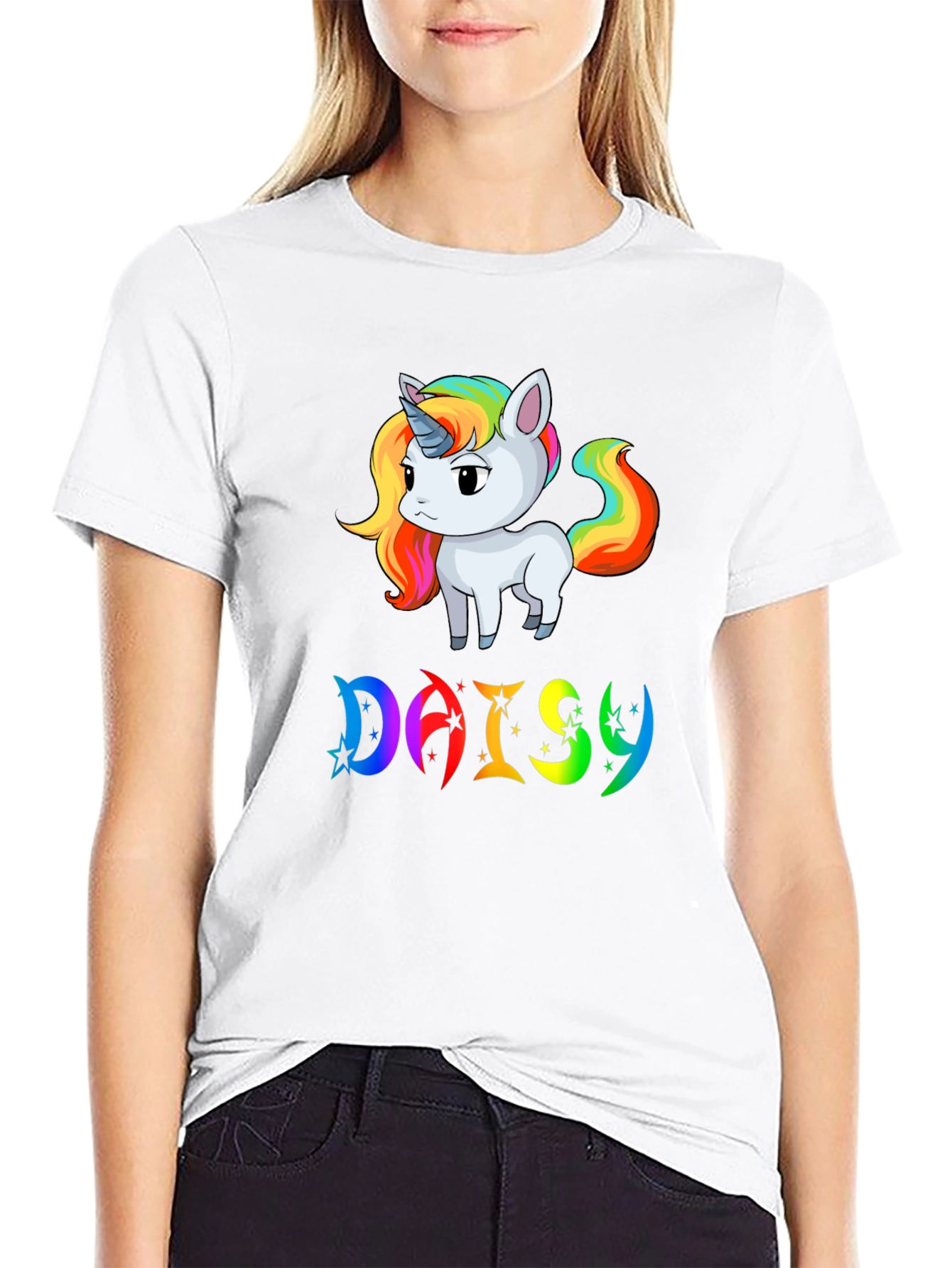 Black Unicorn 'Daisy' Personalized Black T-Shirt view 9