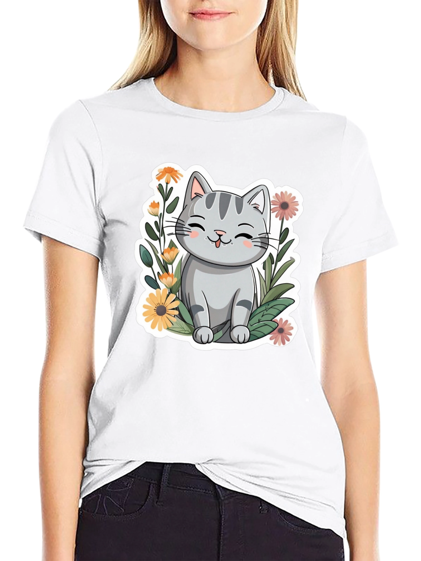 Black Cute Cat in Flowers Black T-Shirt view 9