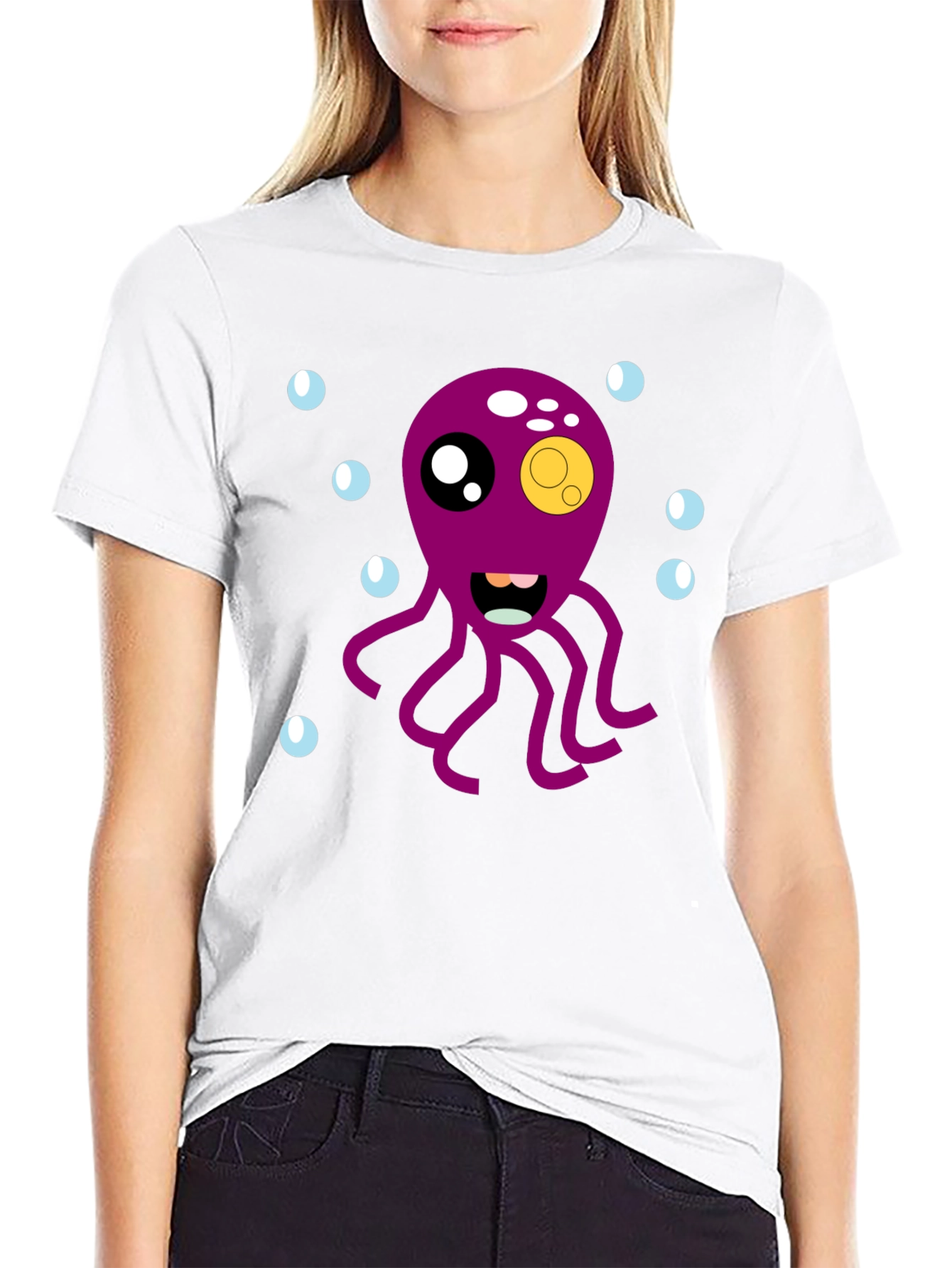 Black Cute Octopus Cartoon Graphic T-Shirt - Black view 9
