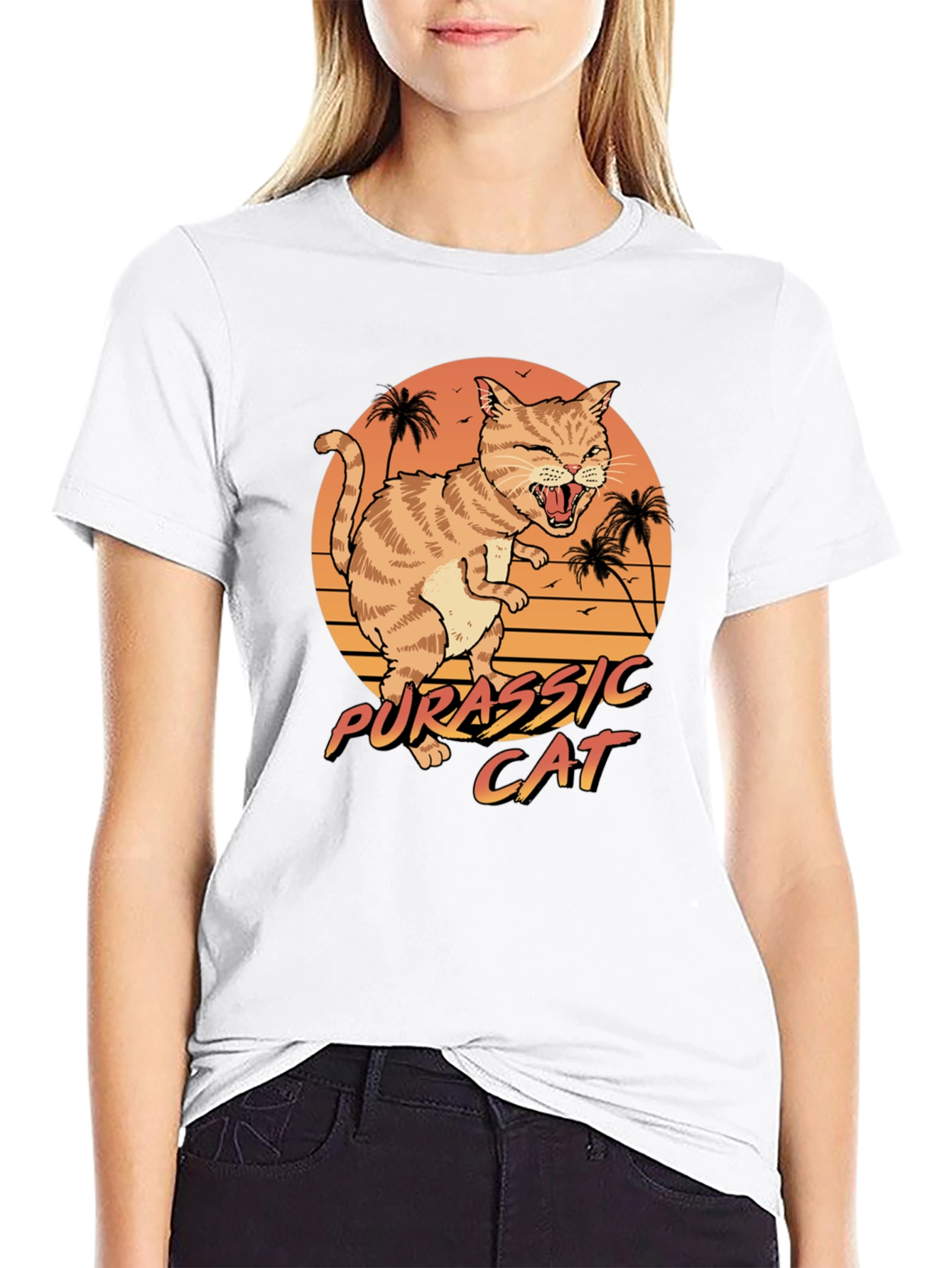 Black Jurassic Cat Graphic T-Shirt - Retro Style view 9