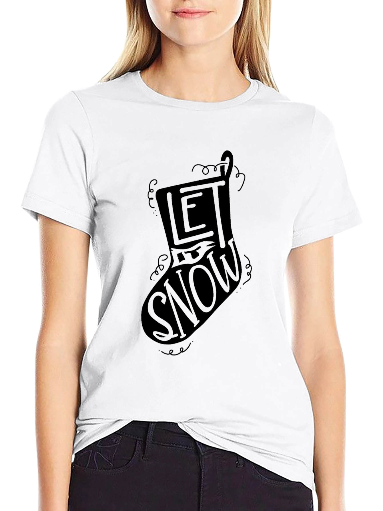 Let It Snow Christmas Stocking Graphic Tee - Black - 9