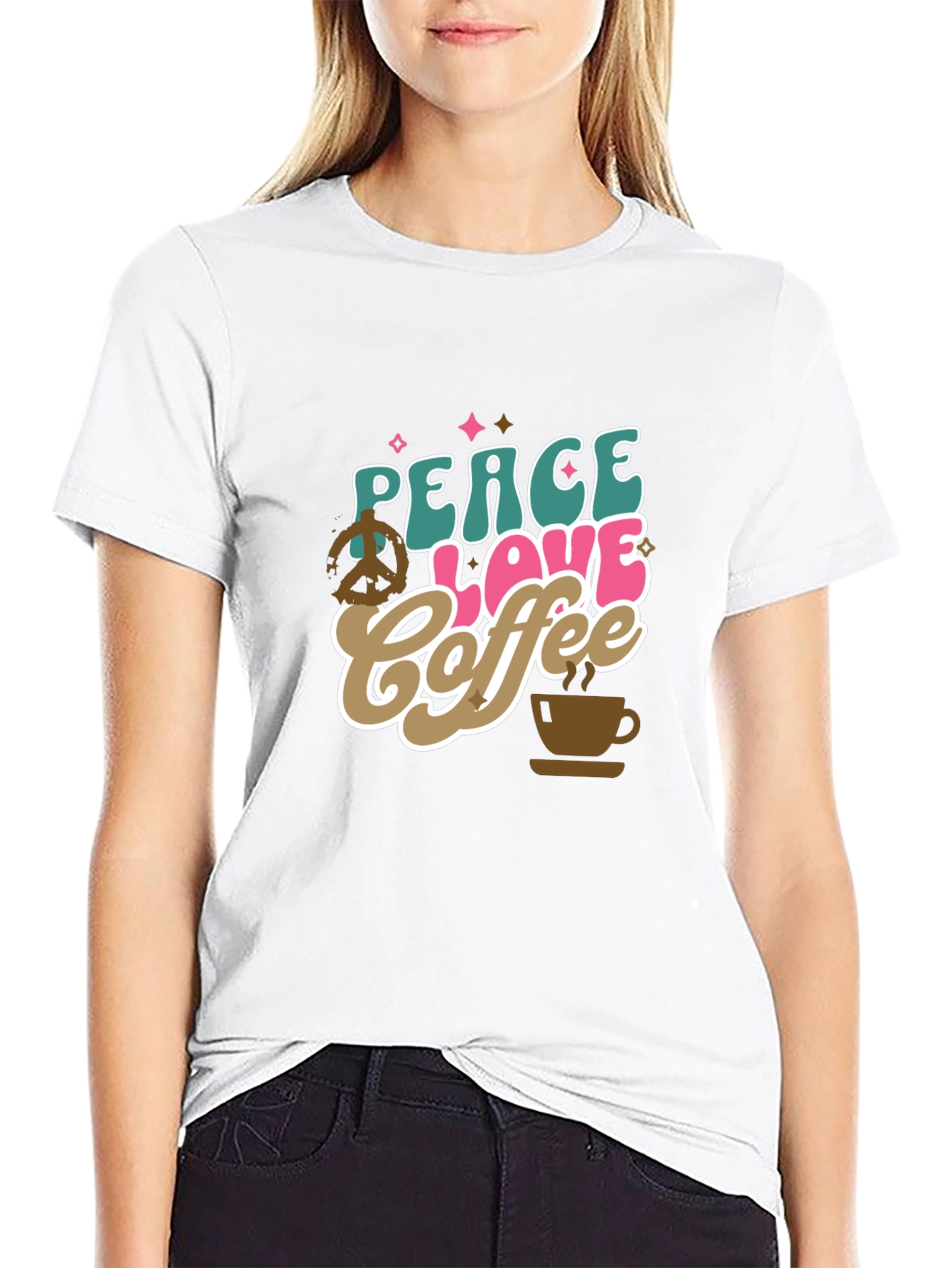 Black Peace Love Coffee Graphic T-Shirt - Trendy Design view 9