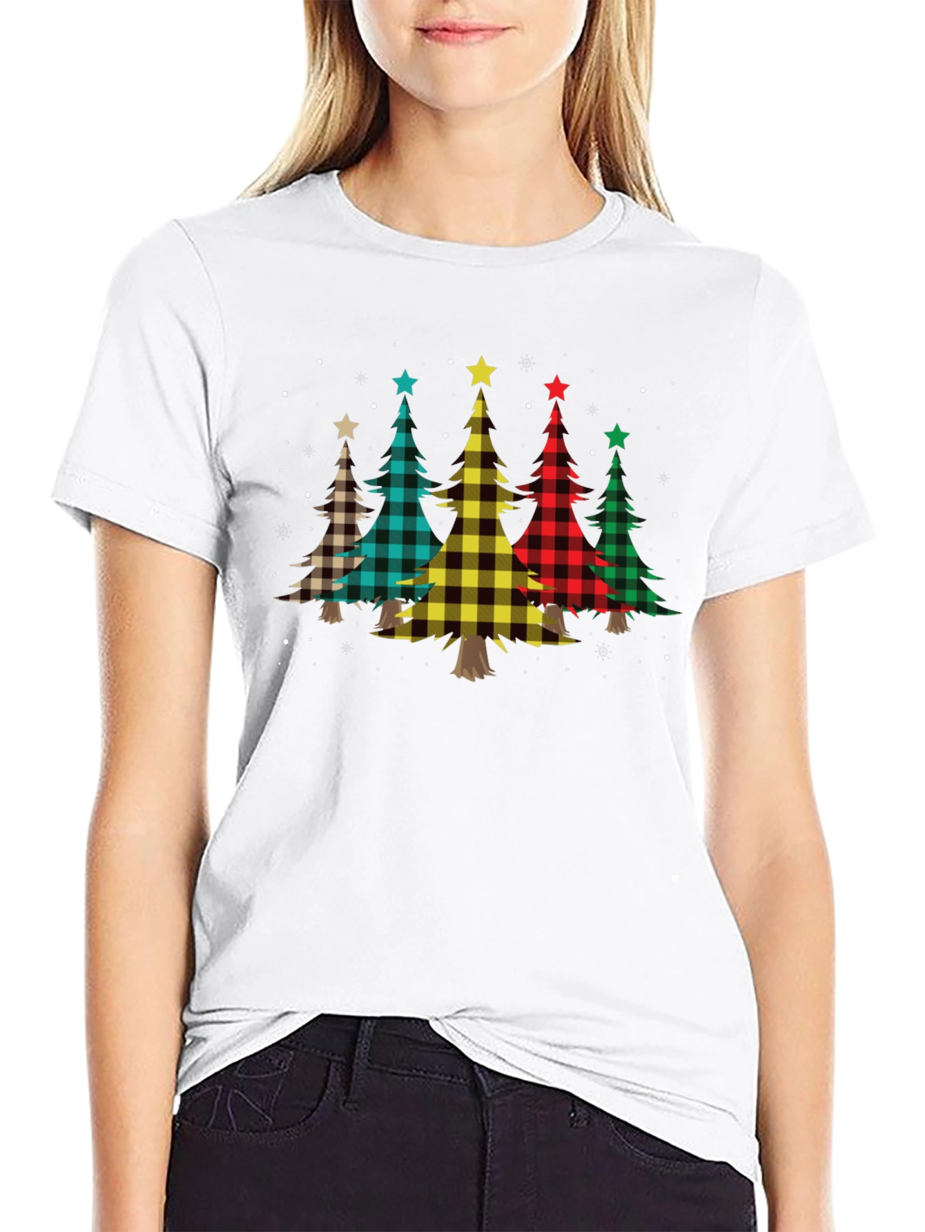 Black Plaid Christmas Trees Black T-Shirt view 9