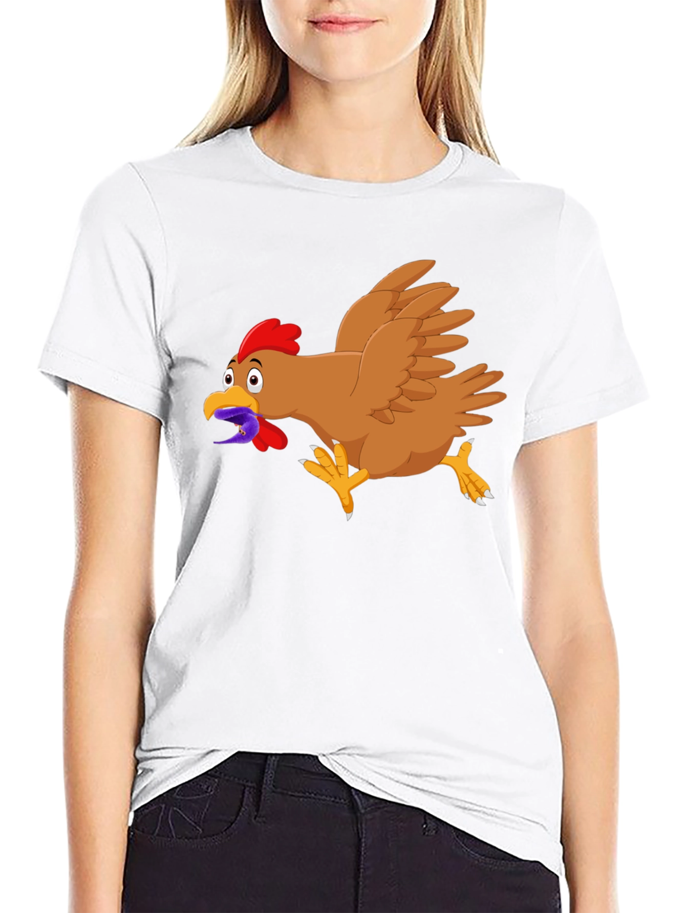 Black Funny Chicken Worm Cartoon Black T-Shirt view 9