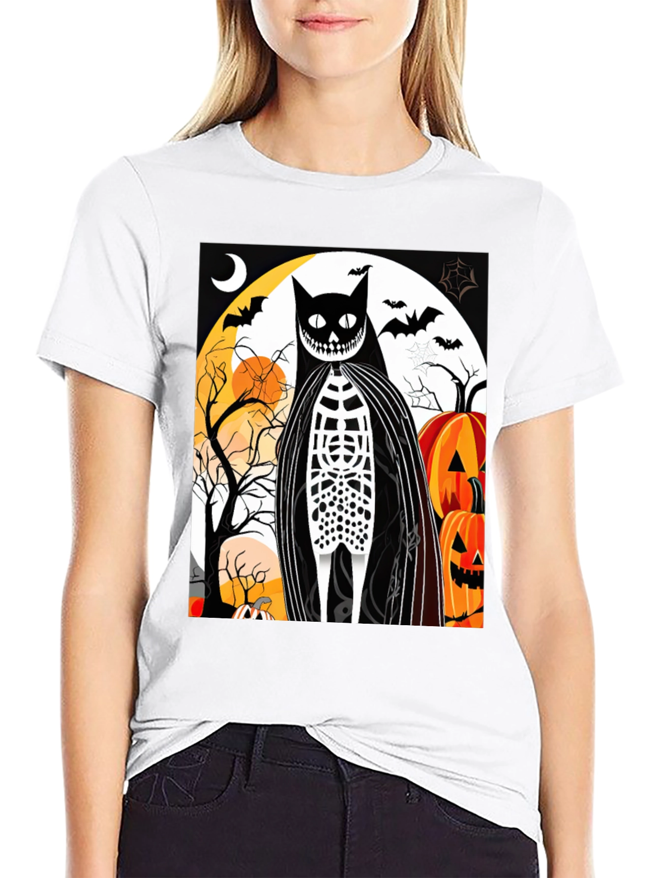 Black Halloween Cat Skeleton Graphic T-Shirt view 9
