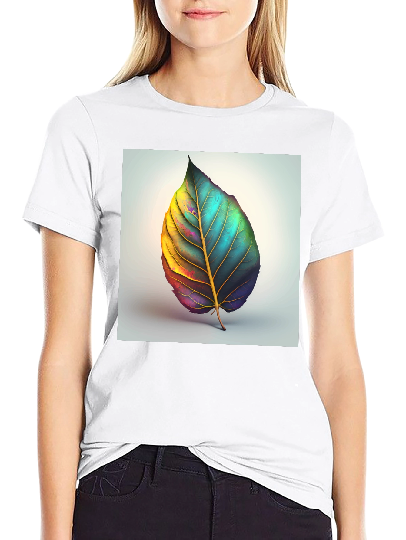 Artistic Leaf Graphic Tee - Black Cotton Blend - 9