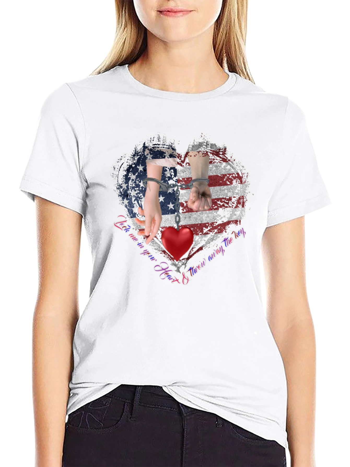 Black American Heart Handcuff Graphic T-Shirt view 9
