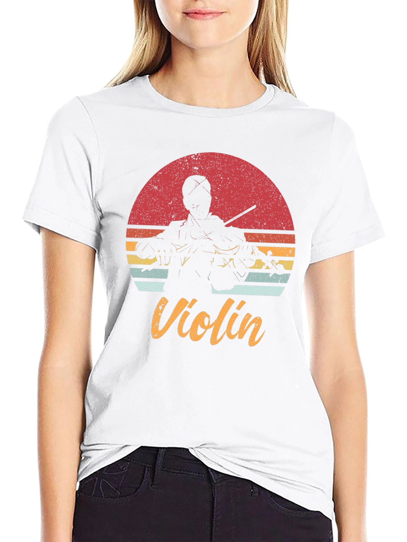 Black Retro Violin T-Shirt - Musician's Sunset Tee view 9