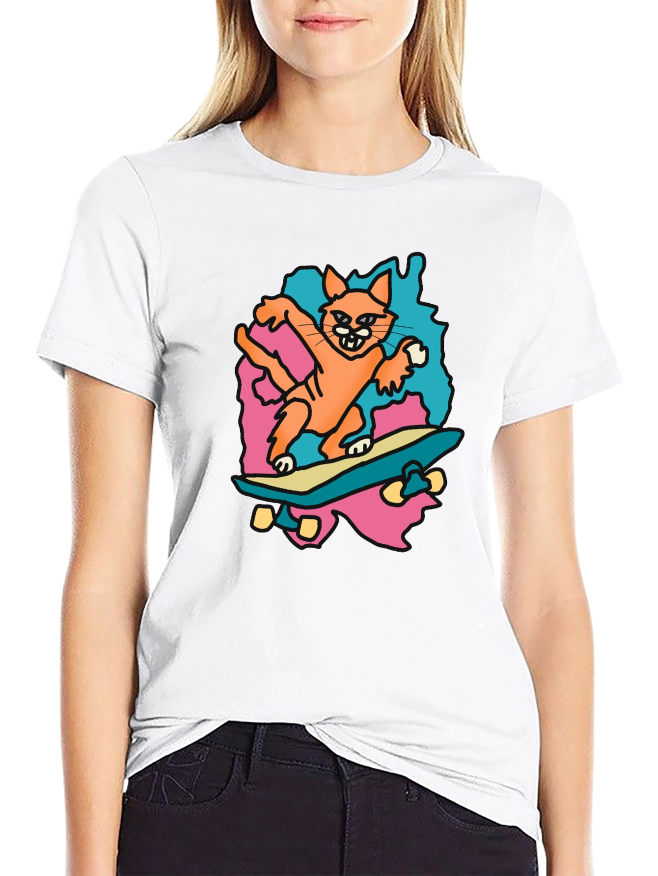 Black Skateboarding Cat Graphic Tee - Black Cotton T-Shirt view 9