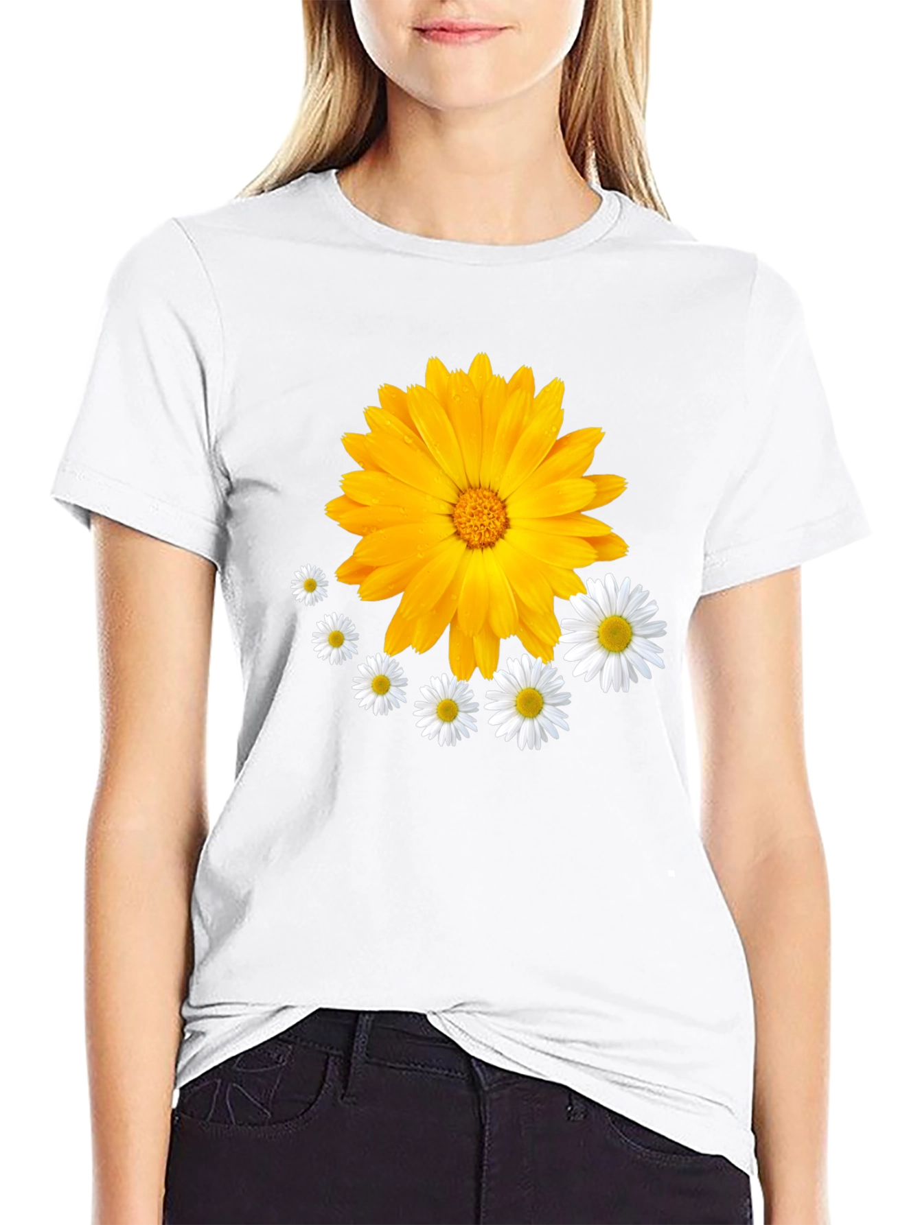 Black Floral T-Shirt: Calendula & Daisy Design view 9