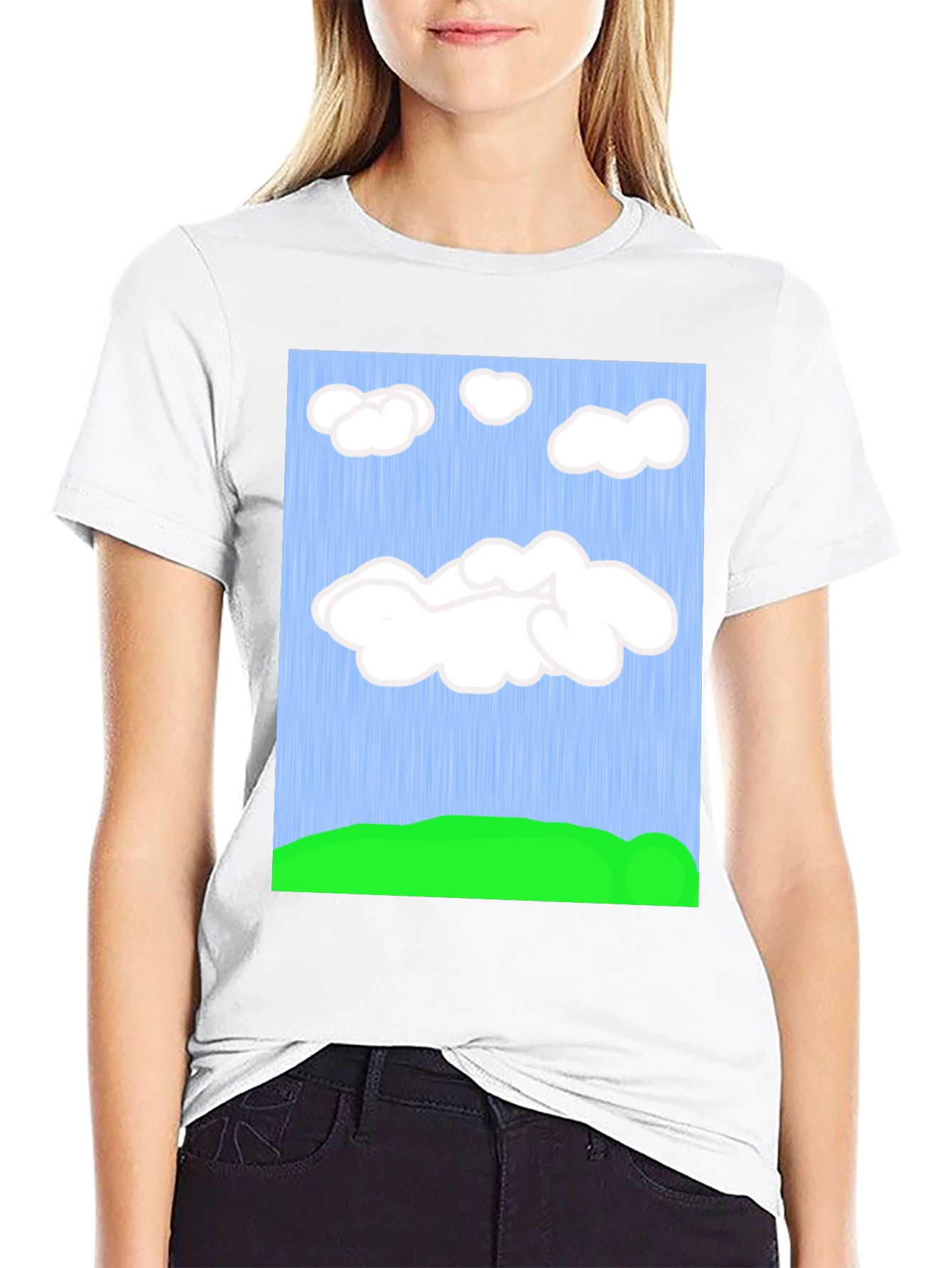 Black Cartoon Clouds T-Shirt - Sky & Green Field Design view 9