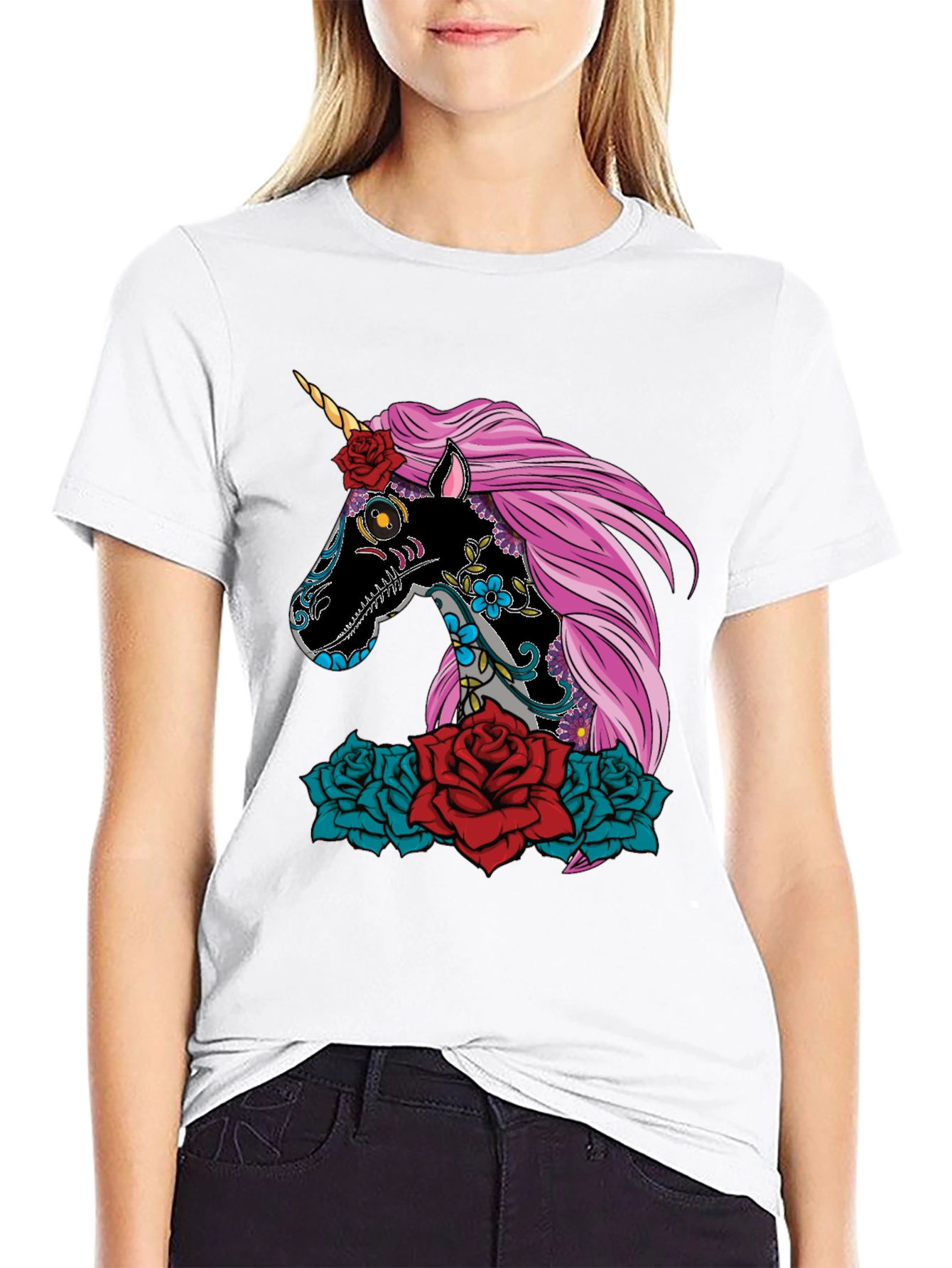 Black Sugar Skull Unicorn Rose T-Shirt view 9