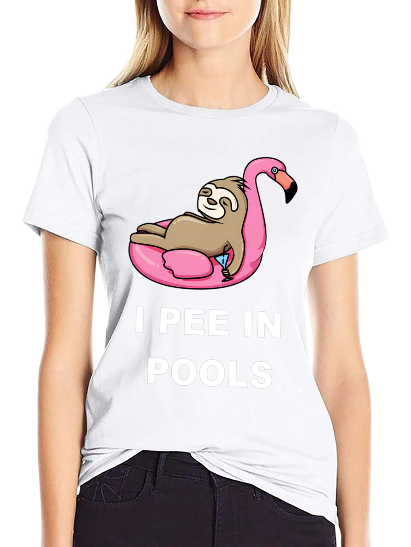 Black Sloth on Flamingo Pool Float T-Shirt - I Pee in Pools view 9