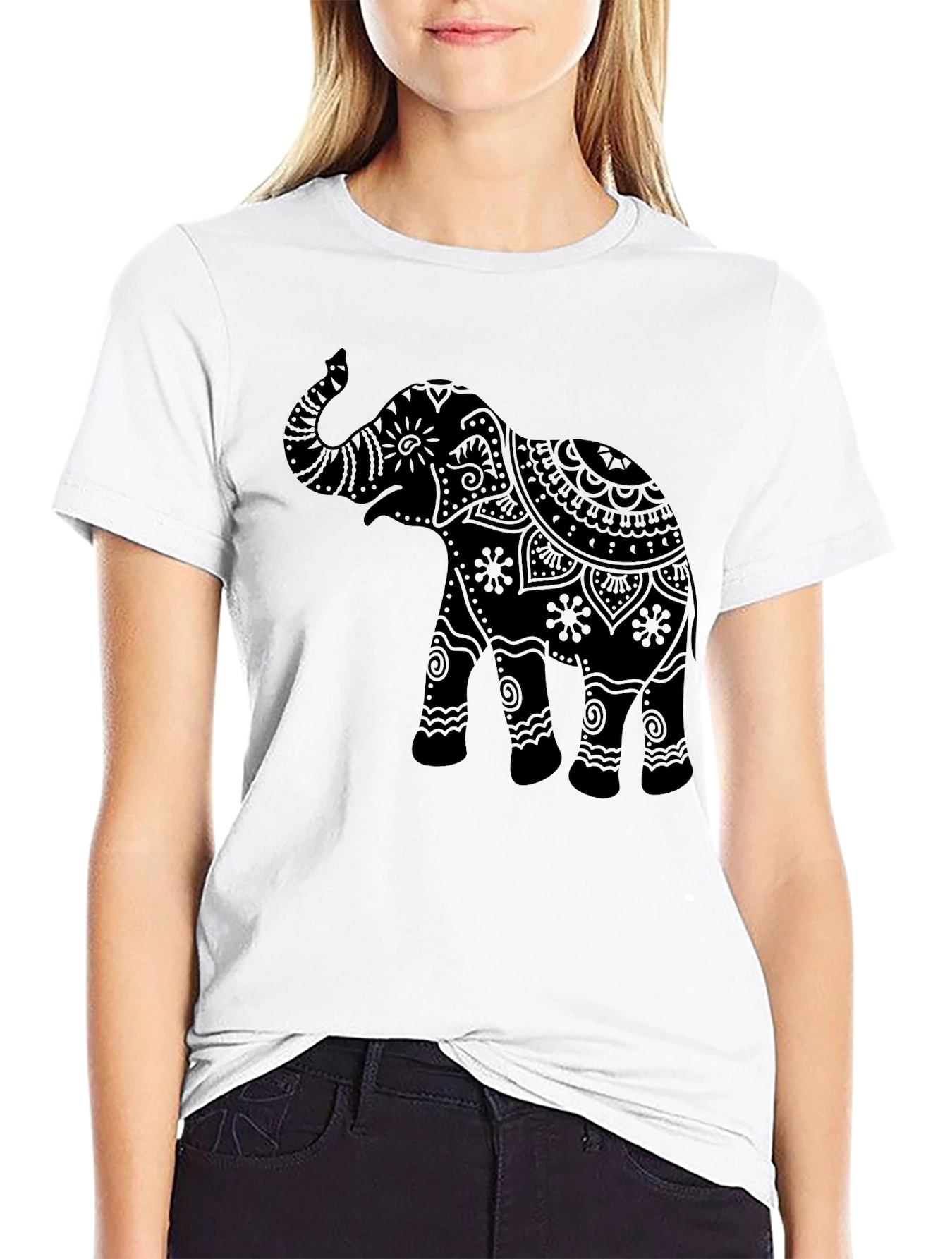 Black Elephant Mandala Graphic Tee - Black Crew Neck T-Shirt view 9