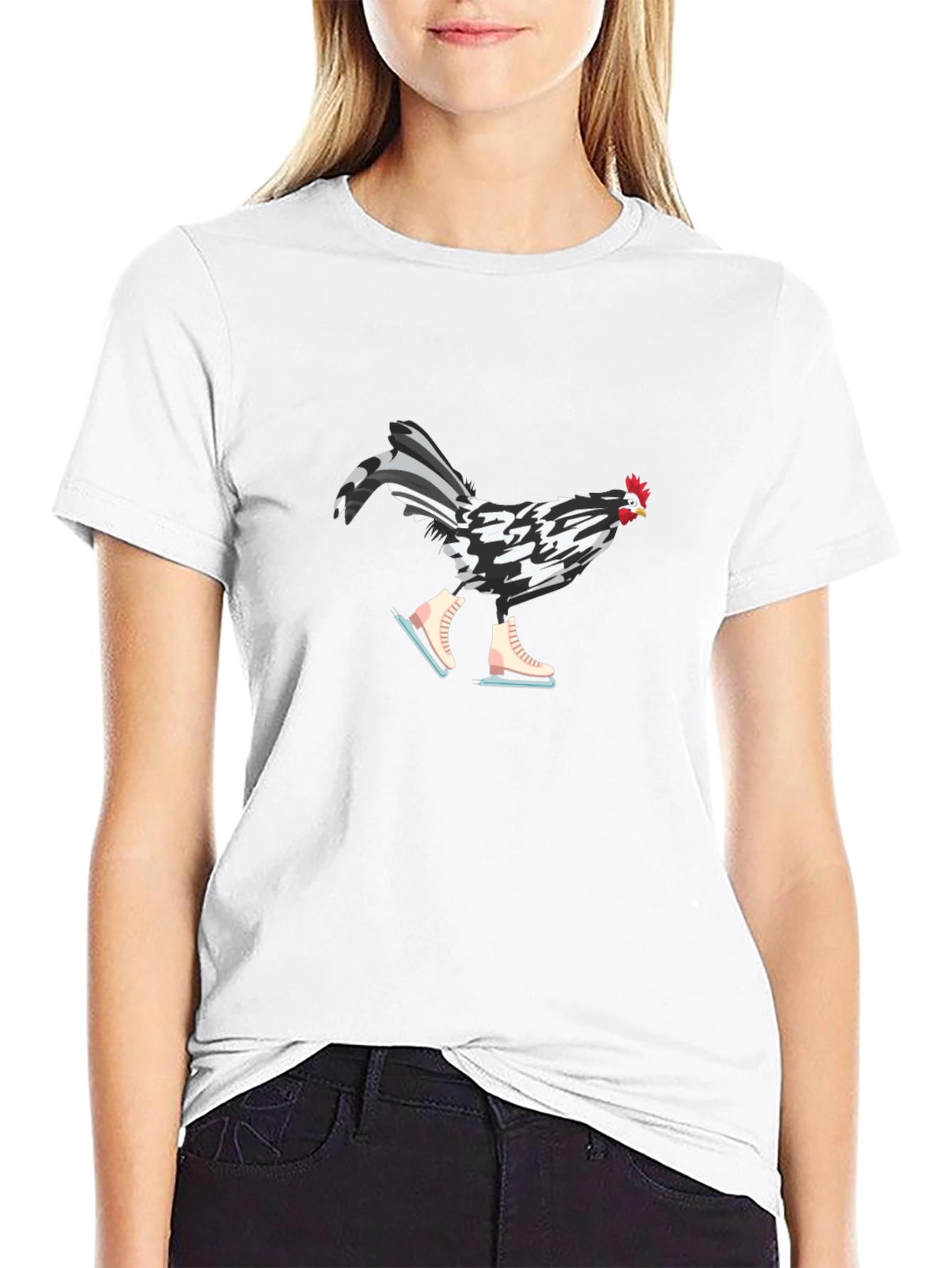 Black Funny Chicken on Ice Skates Graphic Tee view 9