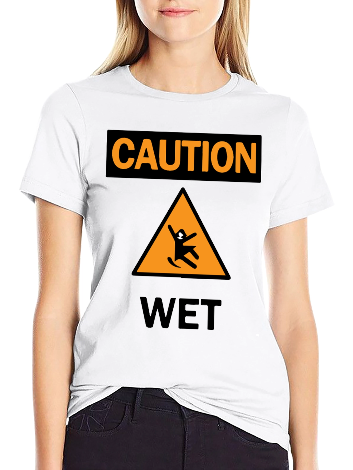 Black Caution Wet Floor Black Graphic T-Shirt view 9