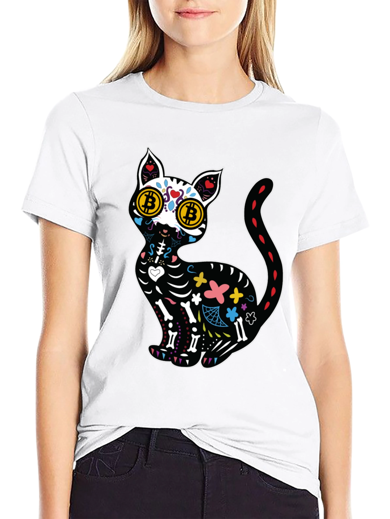 Black Bitcoin Cat Sugar Skull T-Shirt view 9