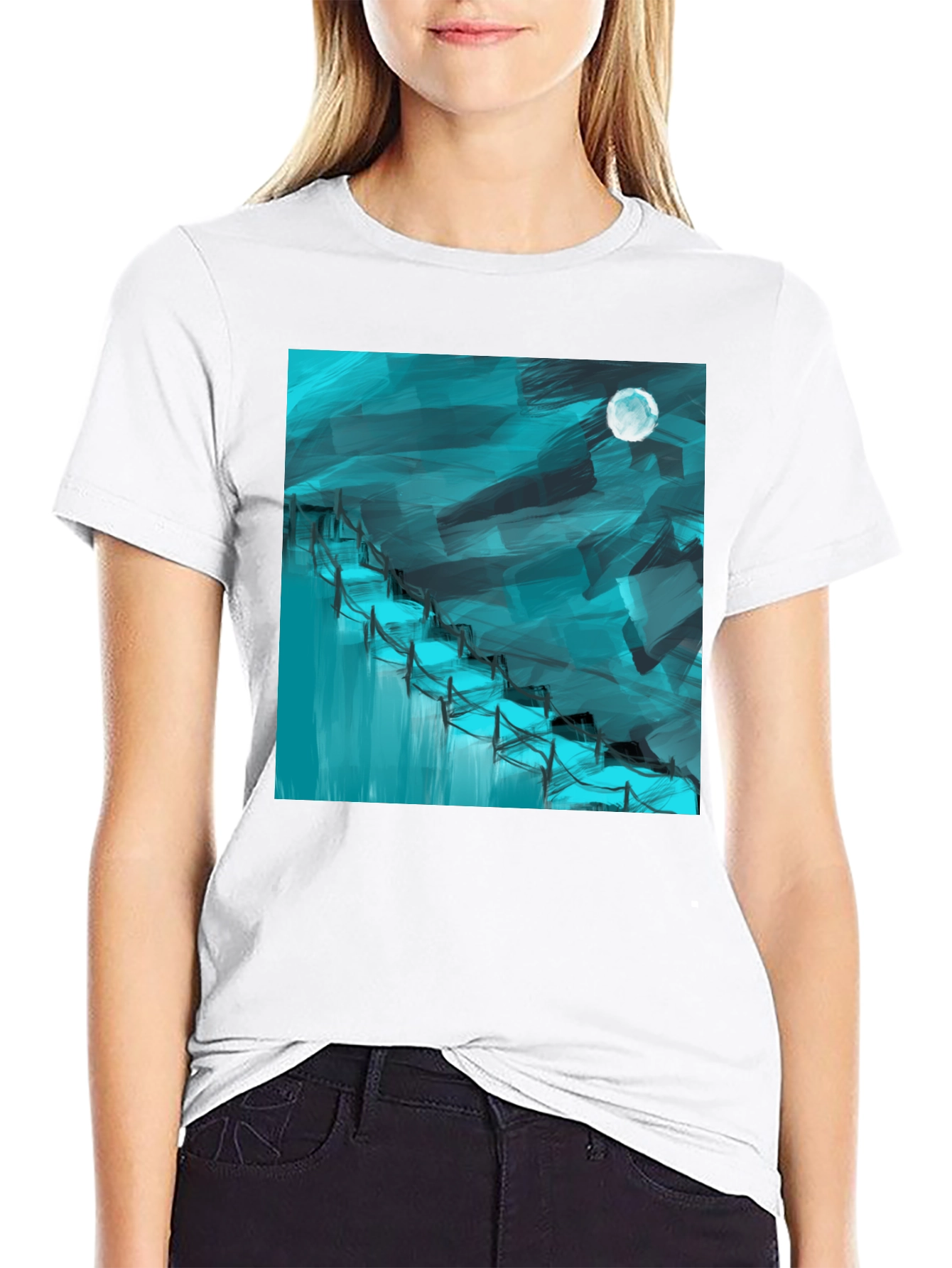 Black Abstract Moonlit Waterfall Graphic Tee - Black Cotton Blend view 9