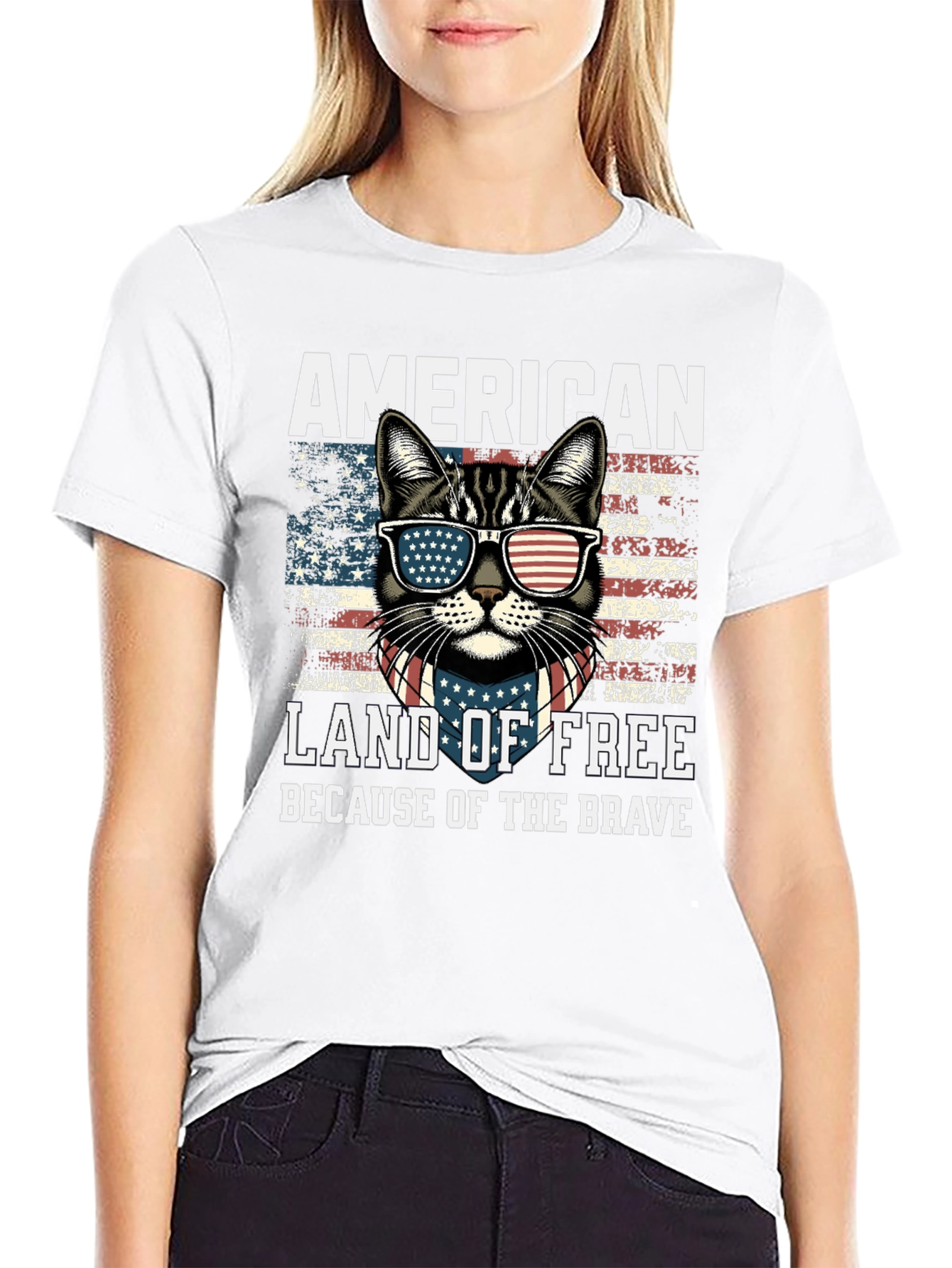 Black American Cat T-Shirt Land of Free view 9