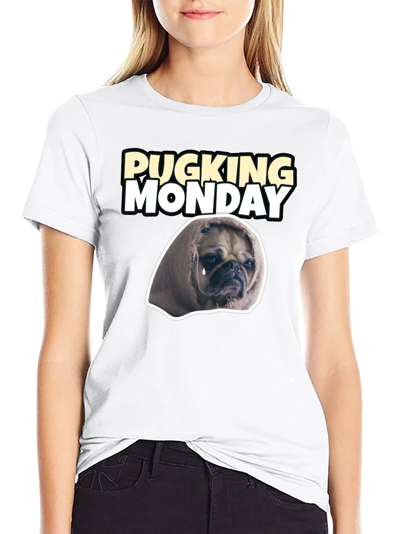 Black Pucking Monday Sad Pug Graphic T-Shirt view 9