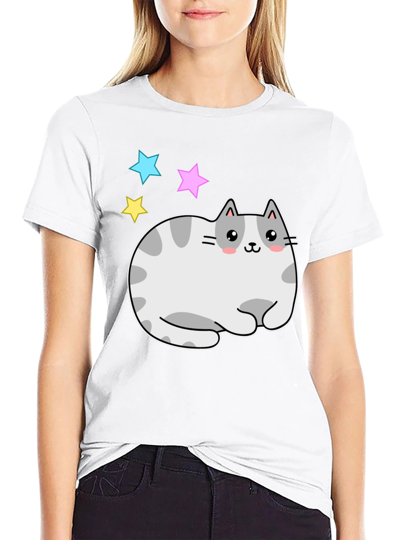 Black Cute Kawaii Cat Stars Graphic T-Shirt view 9
