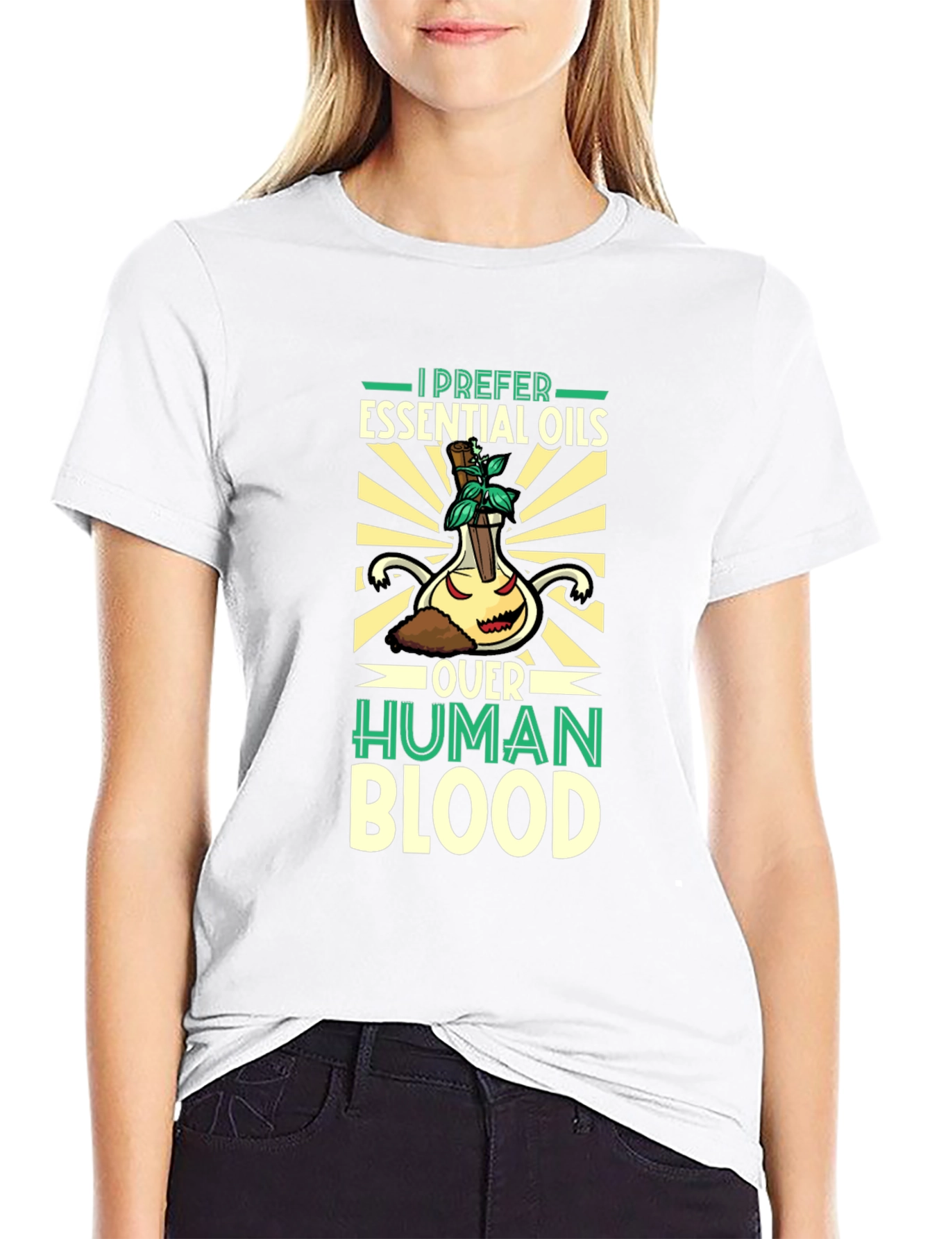 Black Essential Oils Over Human Blood T-Shirt view 9