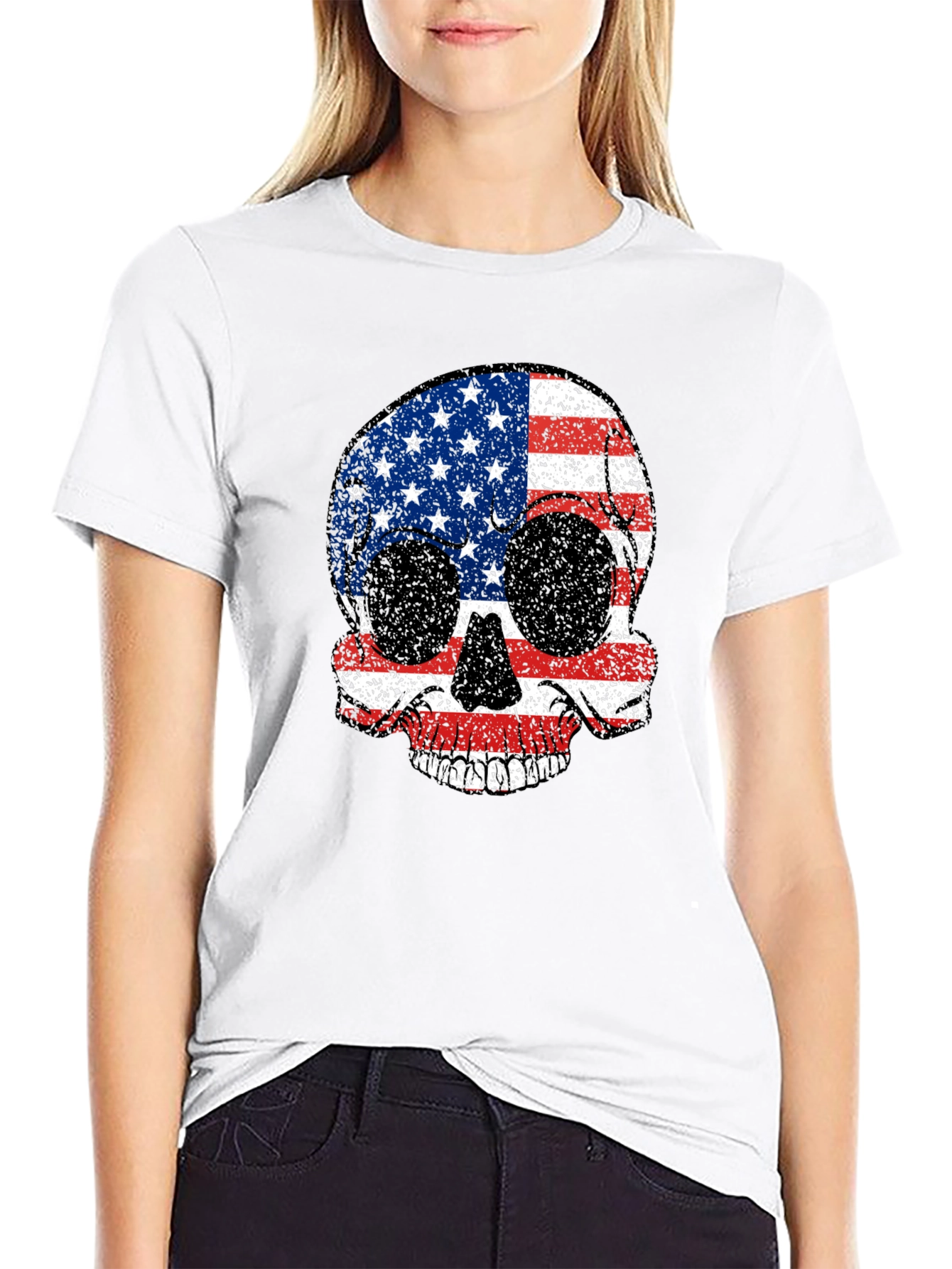 Black American Flag Skull Graphic Tee - Patriotic Style view 9