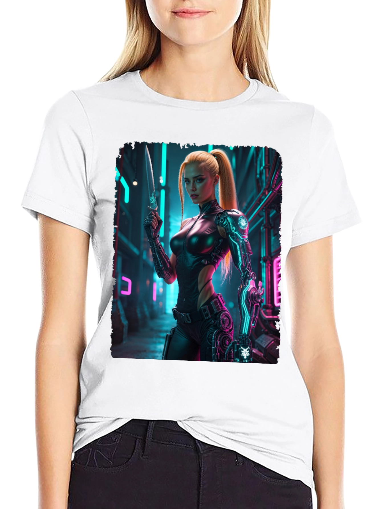 Black Cyberpunk Girl T-Shirt - Sci-Fi Warrior Tee view 9