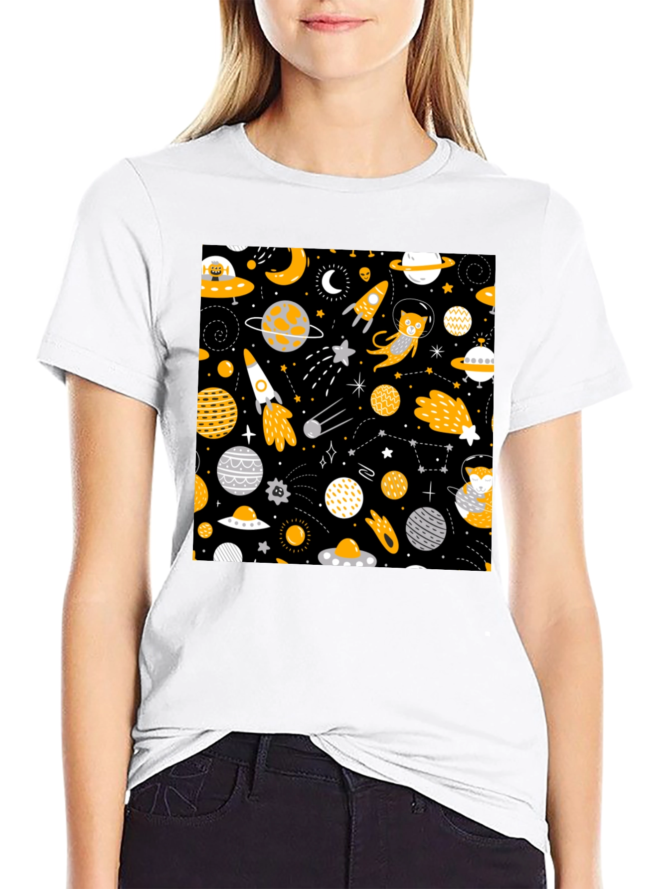 Black Space Cat Graphic T-Shirt view 9