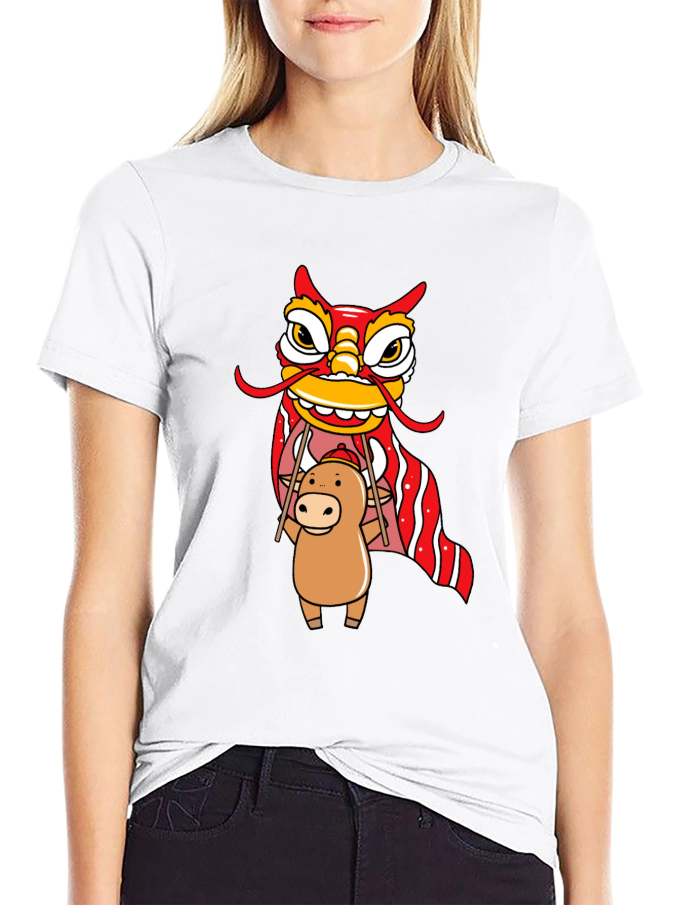 Black Cute Ox & Lion Dance Graphic T-Shirt view 9
