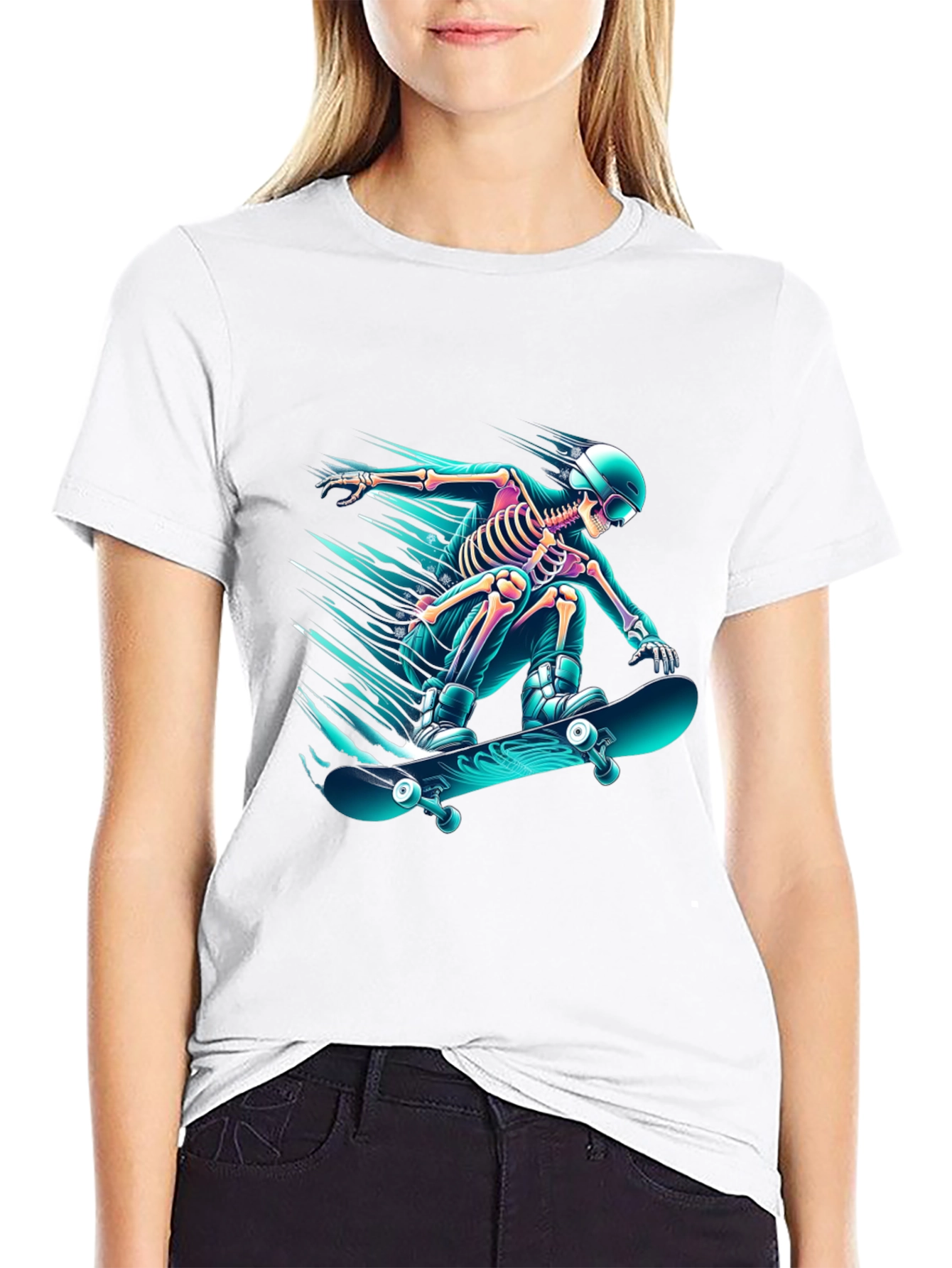 Black Skateboarding Skeleton Graphic Tee - Black Cotton Shirt view 9