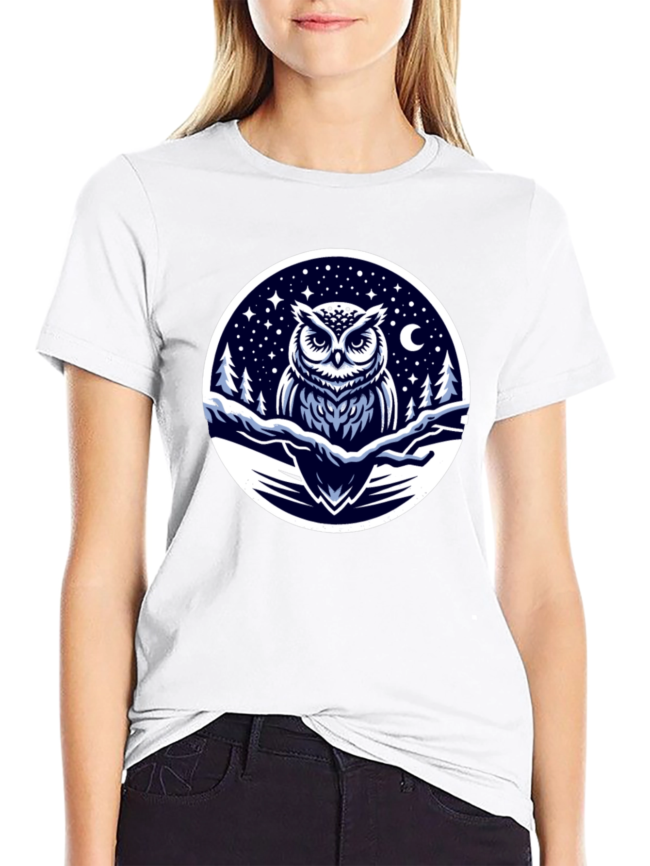 Black Owl Night Sky Graphic Tee - Black Cotton Blend view 9