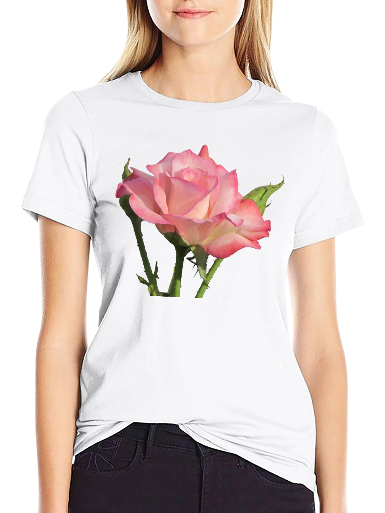 Black Pink Rose Graphic Black T-Shirt view 9