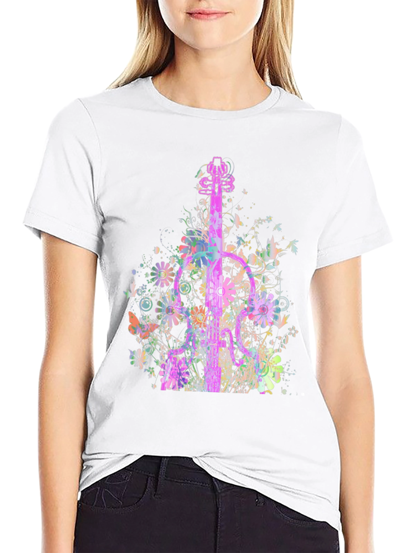 Black Floral Guitar Graphic T-Shirt view 9