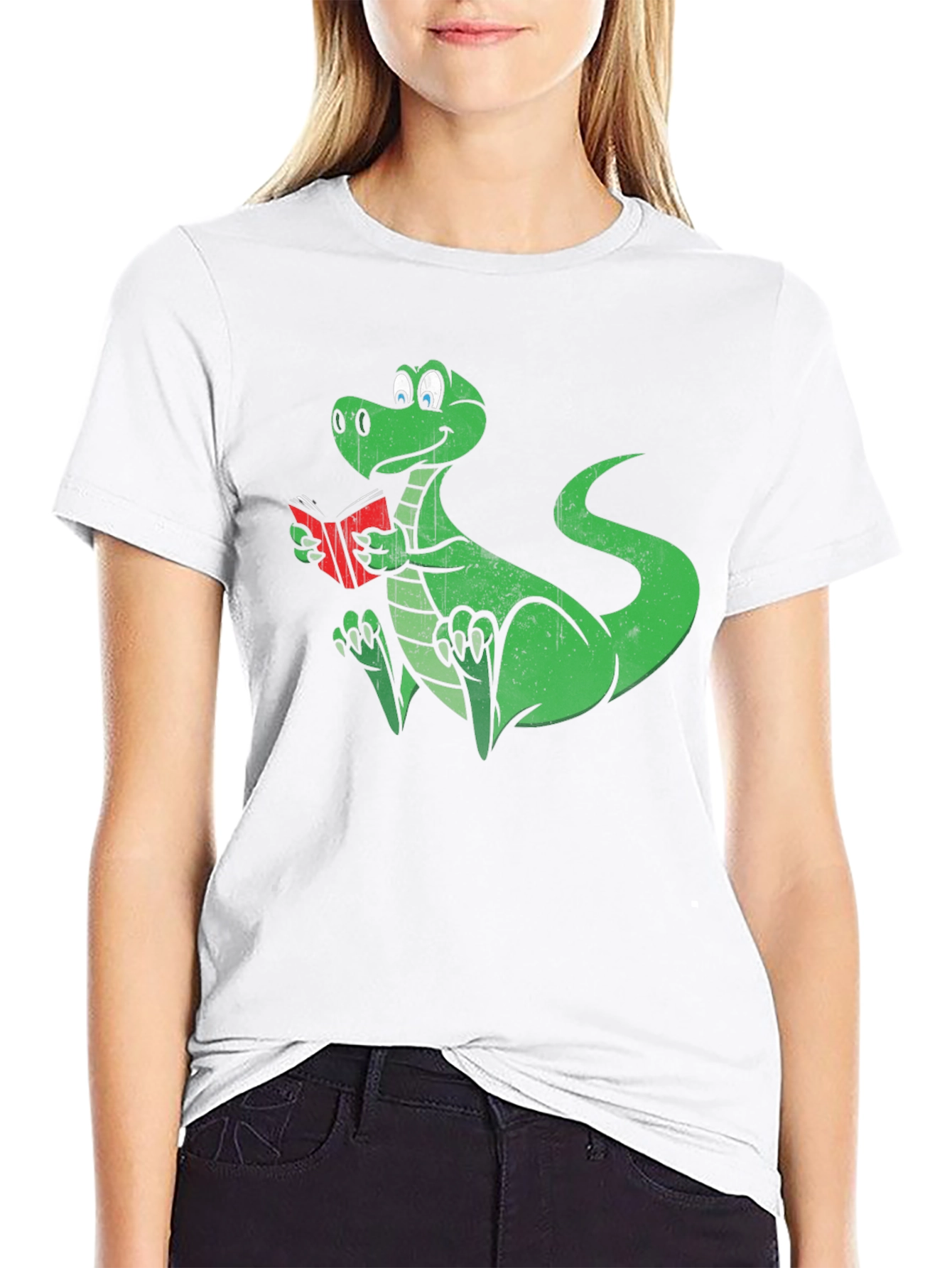 Black Dino Reading T-Shirt - Black Cotton Graphic Tee view 9