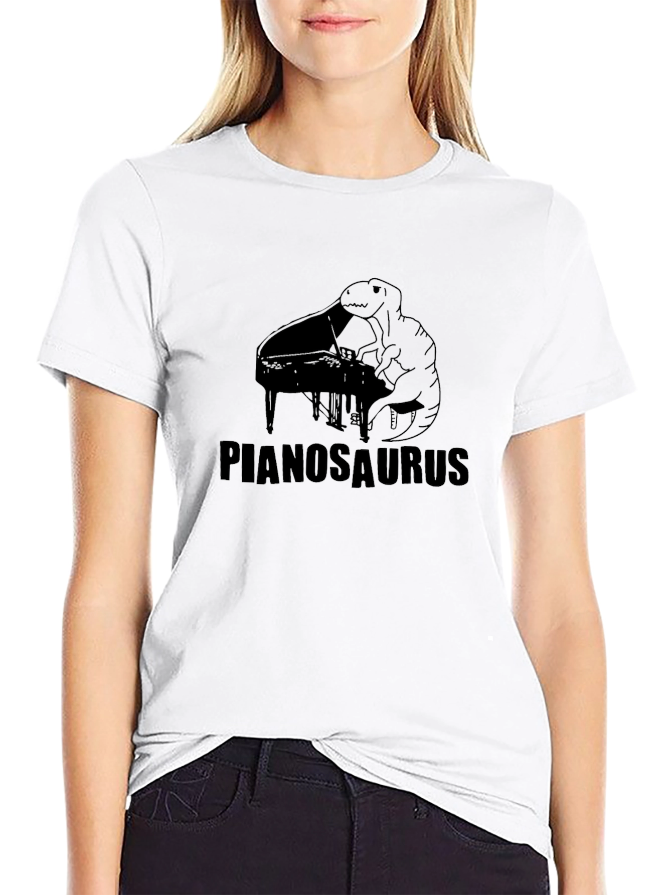 Black Pianosaurus Black T-Shirt - Dinosaur Piano Player Tee view 9