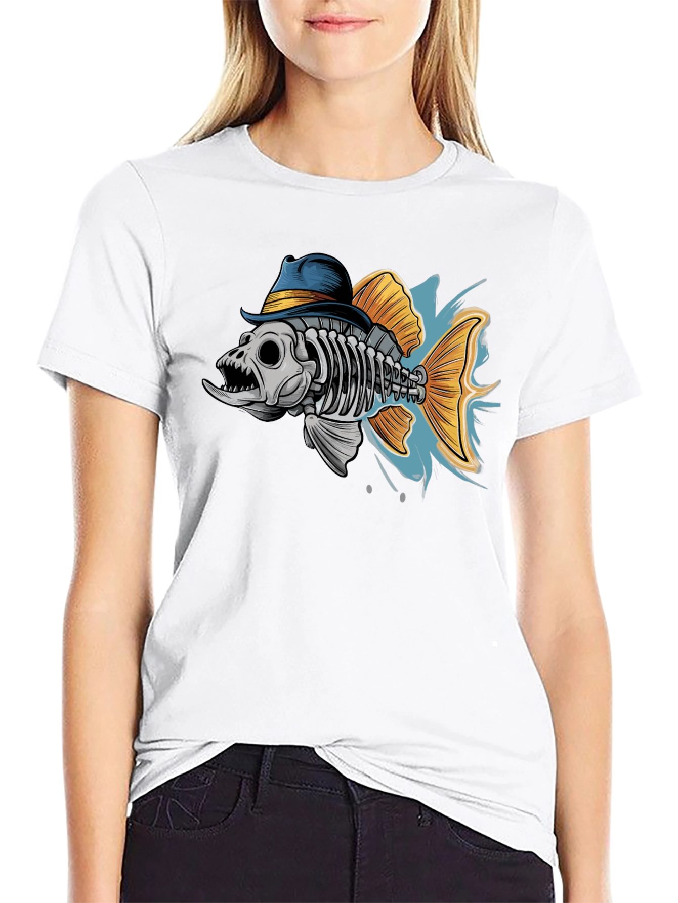 Black Fish Skeleton in Hat Graphic T-Shirt view 9