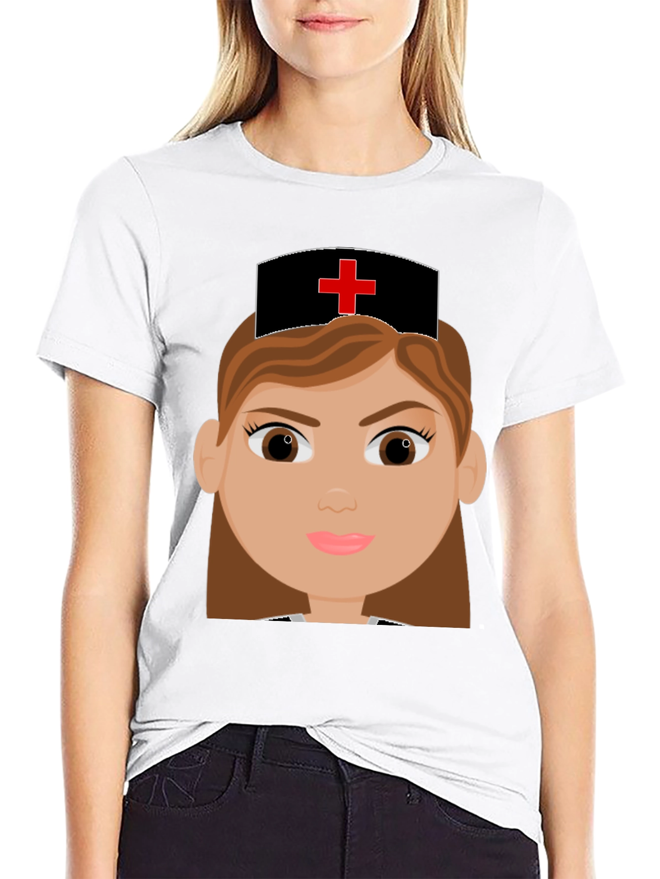 Cartoon Nurse Graphic Tee - Black Cotton Blend T-Shirt - 9
