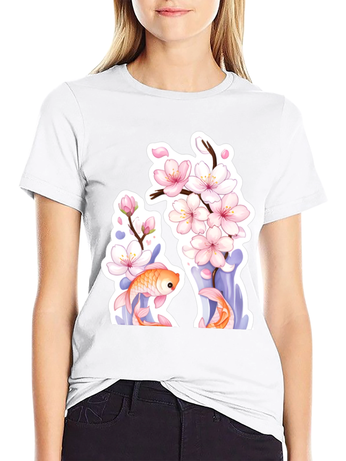 Black Cherry Blossom Koi Fish Graphic Tee view 9