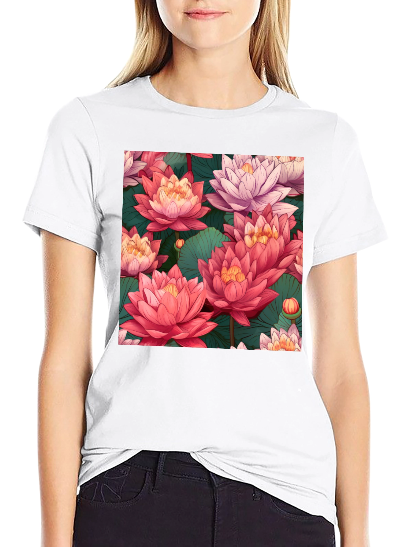 Black Lotus Floral Print Black T-Shirt view 9