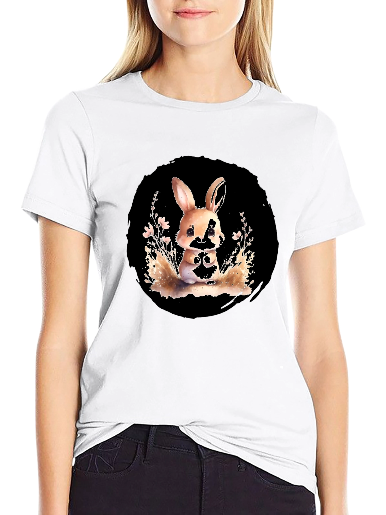 Black Cute Rabbit Graphic Tee - Stylish Black Cotton Blend Shirt view 9