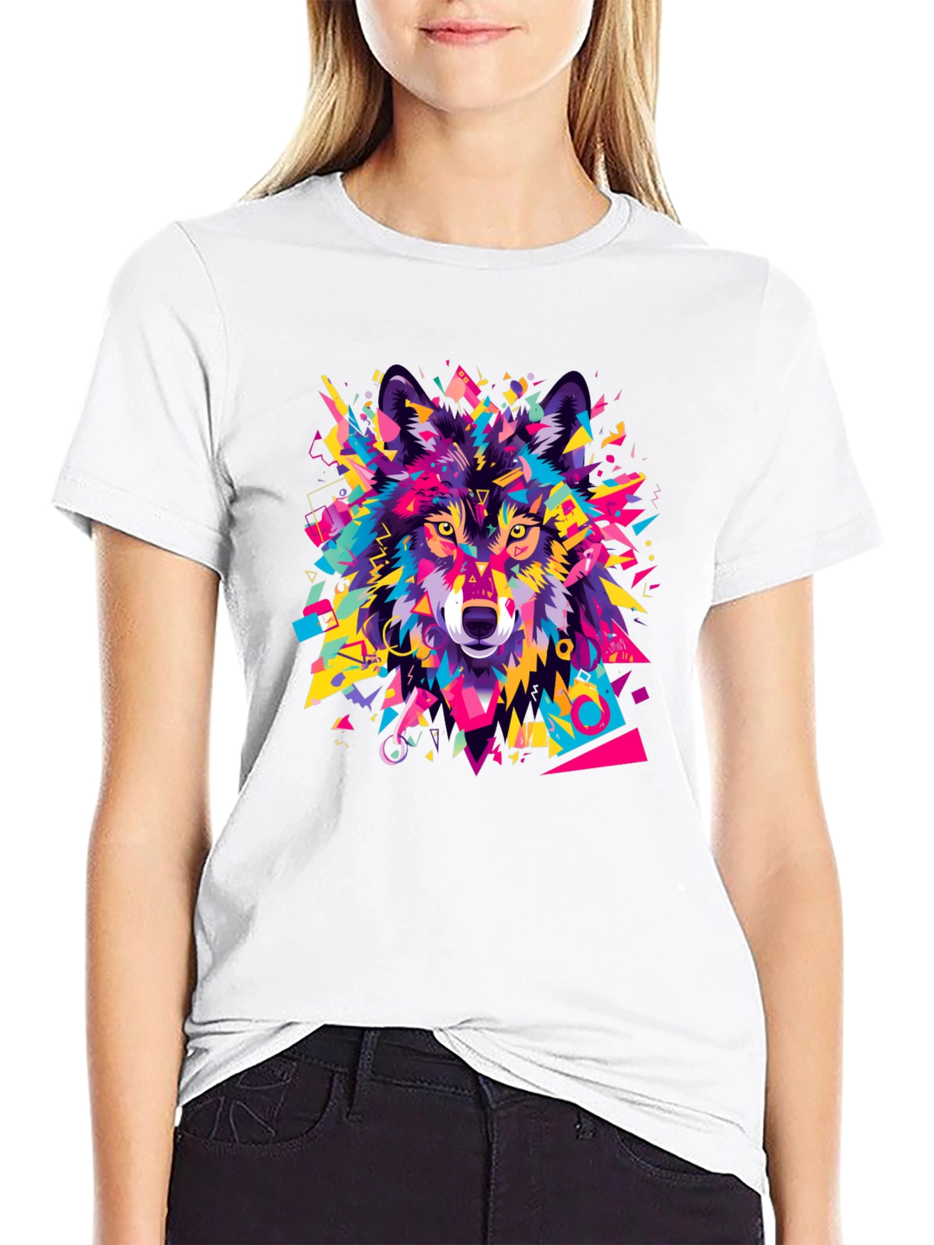 Black Geometric Wolf Graphic Black T-Shirt view 9