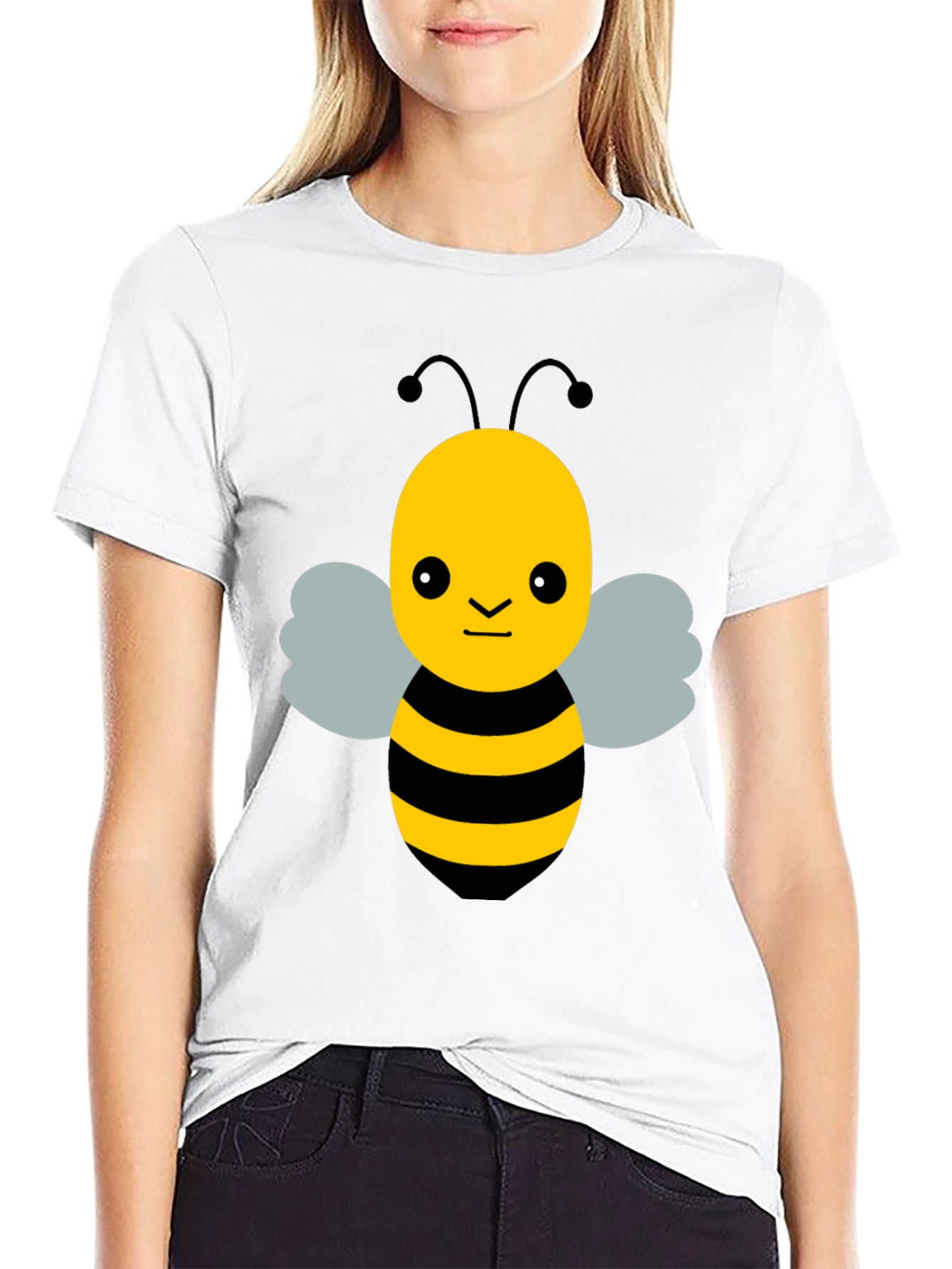 Black Cute Cartoon Bee Graphic Black T-Shirt view 9