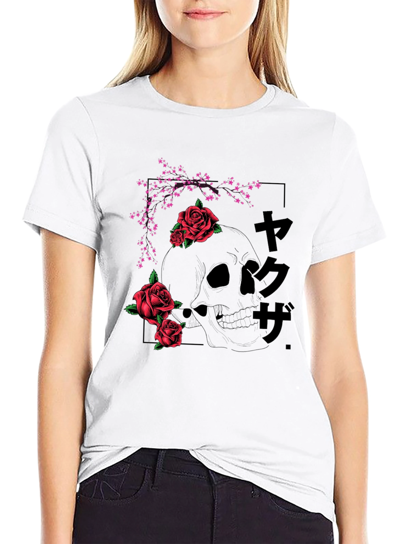 Black Skull & Roses Graphic Tee - Black Japanese Style T-Shirt view 9