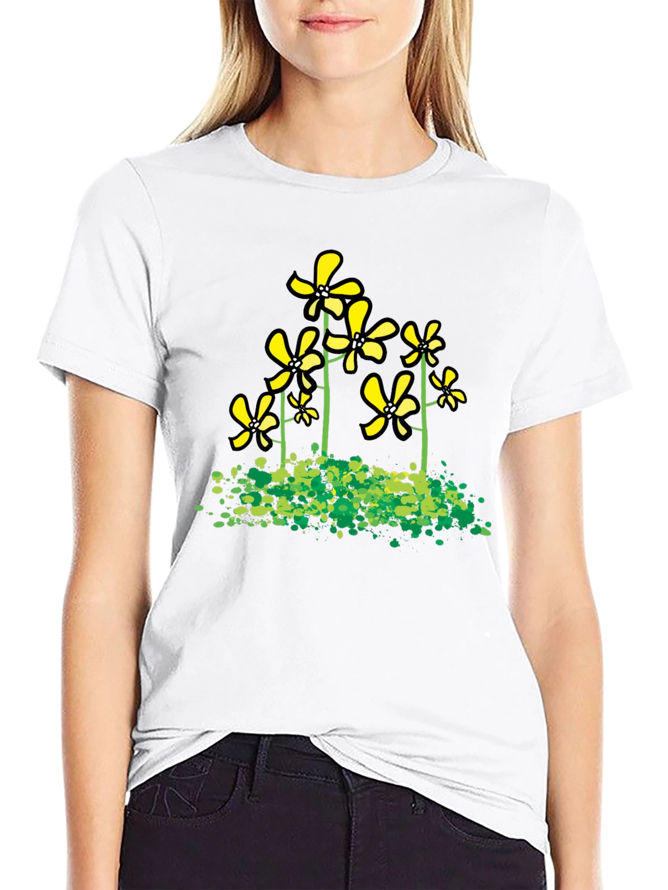 Black Floral Graphic Tee - Yellow Flowers Black T-Shirt view 9