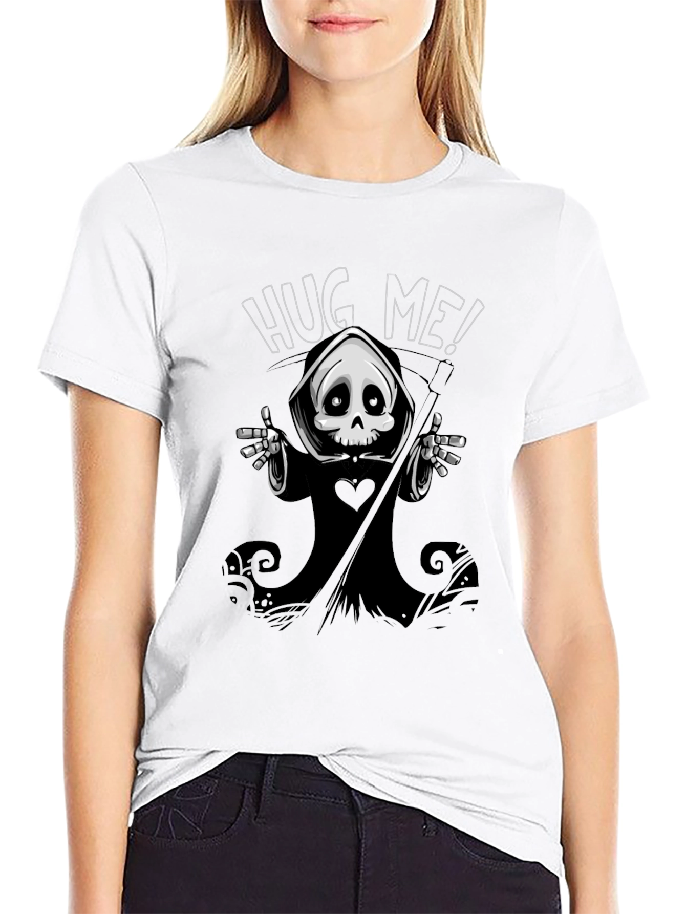 Black Hug Me! Grim Reaper Graphic Black T-Shirt view 9