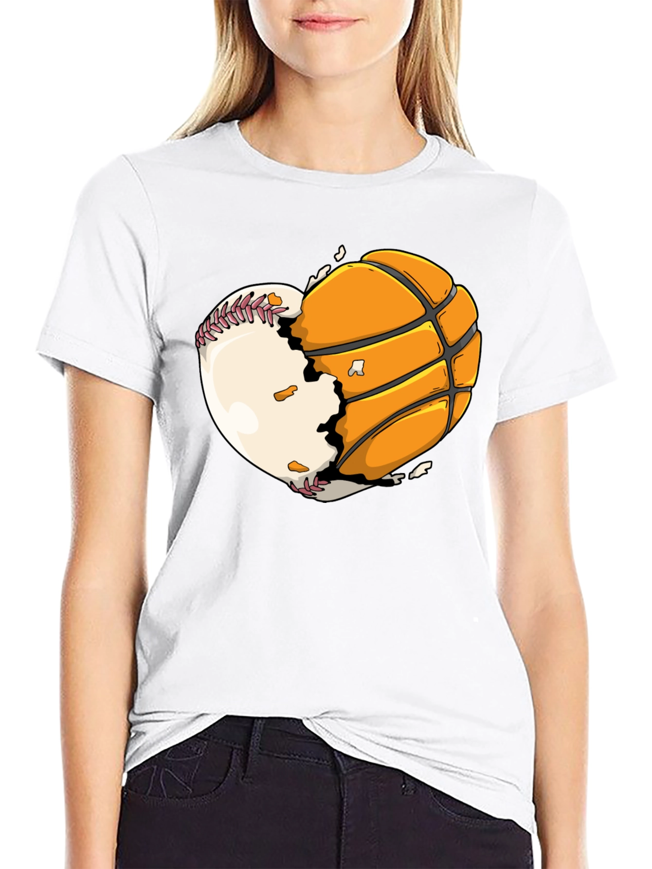 Black Baseball Basketball Heart Graphic Tee view 9